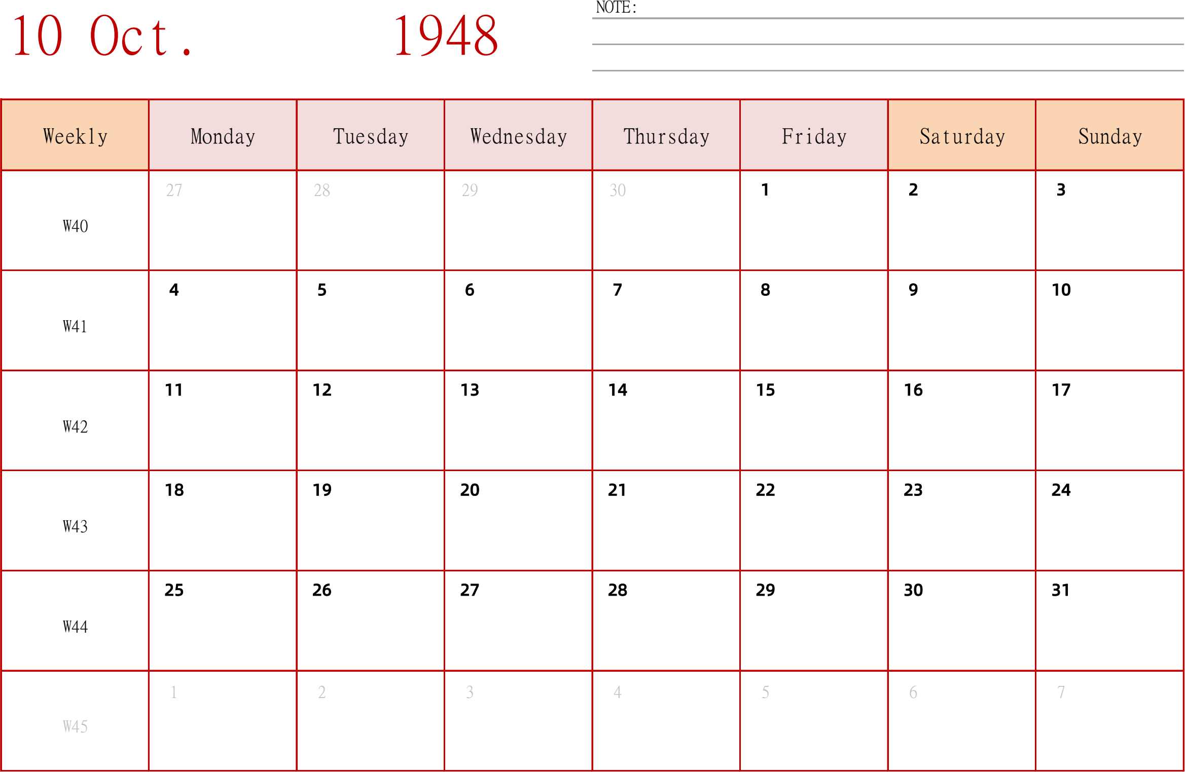 日历表1948年日历 英文版 横向排版 周一开始 带周数